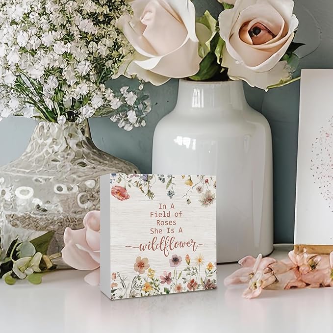In a Field of Roses She Is a Wildflower Inspirational Wooden Sign Desk Decor, Wildflower Nursery Decorative Signs for Baby Girl Room, Inspirational Home Sign Shelf Desk Decor 5x5 Inch