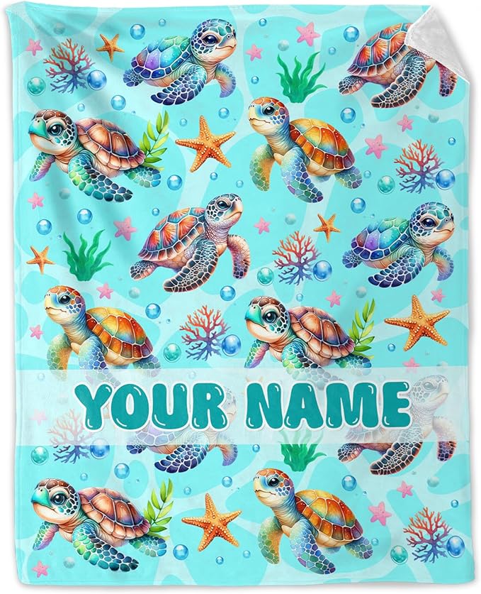 Custom Sea Turtle Gifts for Women - 60" x 80" Inches Turtle Blanket for Adult - Green Warm Furry Blankets for Sofa, Bed & Living Room