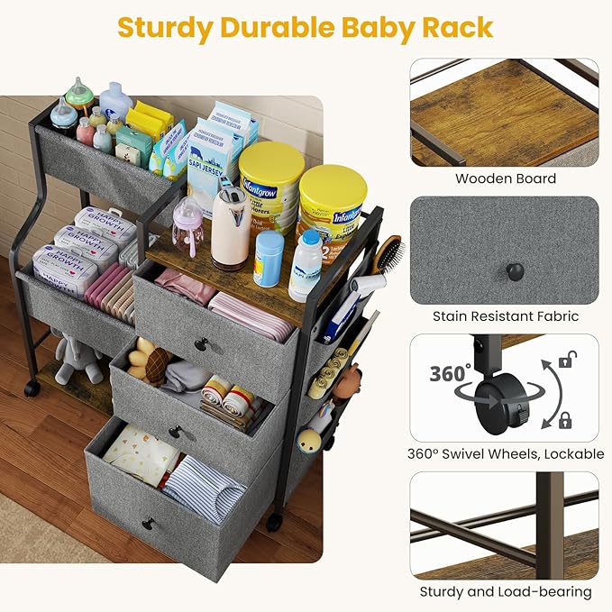 Baby Diaper Caddy, 3 Tier Baby Organizer and Storage Cart with Dividers and Drawers, Mobile Utility Rolling Cart, Baby Newborn Essentials Storage Cart with Wheels for Nursery, Bedroom, Grey