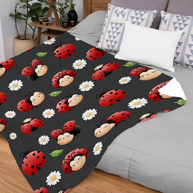 Thuswarm Cute Watercolor Ladybugs Grey Flannel Throw Blanket Warm Cozy Soft Funny Print Blankets for Bed Couch Sofa Room Decoration Gifts 120”×90” Extra Large for Family