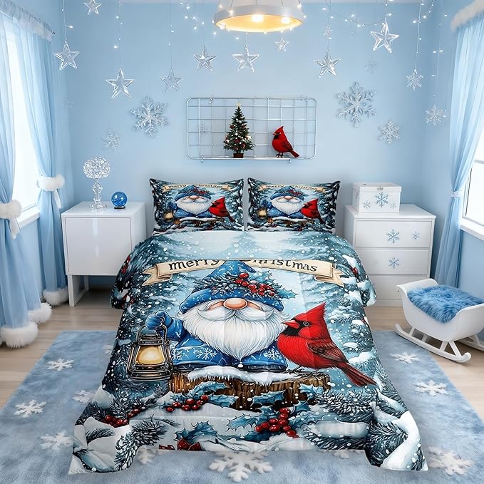 Kawaii Santa Claus Girls Bedding Set Twin Size,Poinsettia Cardinal Christmas Birds Comforter Set,Holly Berry Winter Snowflake Quilt Comforter Girl Boy Teens,Blue Red Room Decor All Season,1 Pillowcase