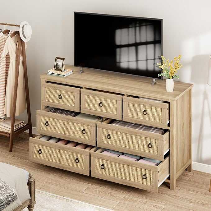IDEALHOUSE Rattan Dresser for Bedroom with 7 Drawers, 54'' Wide Chest of Drawers with Large Clothes Storage Cabinet, Wood Bedroom Dresser, TV Stand for Nursery, Living Room, Hallway, Oak