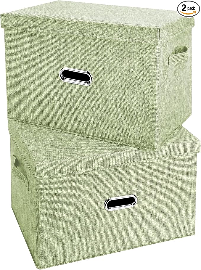 Large Linen Fabric Foldable Storage Bins with Removable Lid and Handles, Washable Storage Box Organizer Containers Baskets Cube with Cover for Bedroom,Office (Green, Extra Large(2-Pack))