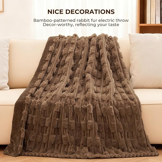 Heated Throw Blanket 50"x60", Electric Blanket with Bamboo Pattern, Luxury Faux Rabbit Fur&Soft Flannel, 6 Heat Settings, 1-4 Hour Auto Shut-Off, Throw Blanket for Couch, Machine Washable, Dark Brown