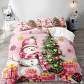 LUVIVIHOME 3PCS Snowman Duvet Cover Queen Bedding Sets, Pink Duvet Cover, Kids Teens Girls Bedding, Christmas Tree Snowflake Holiday New Year Xmas Gifts Christmas Comforter Quilt Cover, 2 Pillow Shams