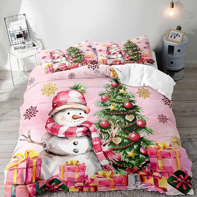 LUVIVIHOME 2PCS Snowman Duvet Cover Twin Bedding Sets, Pink Duvet Cover, Kids Teens Girls Bedding, Christmas Tree Snowflake Holiday New Year Xmas Gifts Christmas Comforter Quilt Cover, 1 Pillow Sham