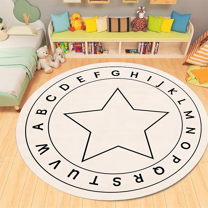 ABC Round Children's Rug,3ft,Children's Educational Learning Area Rug, Cartoon Star Print Soft and Fluffy Rug, Suitable for Nursery, Classroom, Playroom Boys and Girls Bedroom Game Decoration