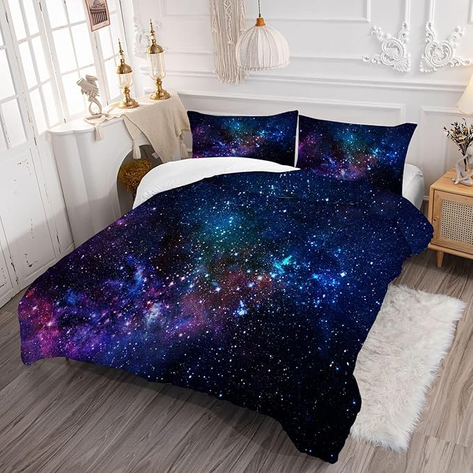 kxry Blue Purple 3D Galaxy Comforter Set King Size Outer Space Starry Sky Universe Bedding Sets for Girls Teens Kids 1 Comforter + 2 Pillow Cases