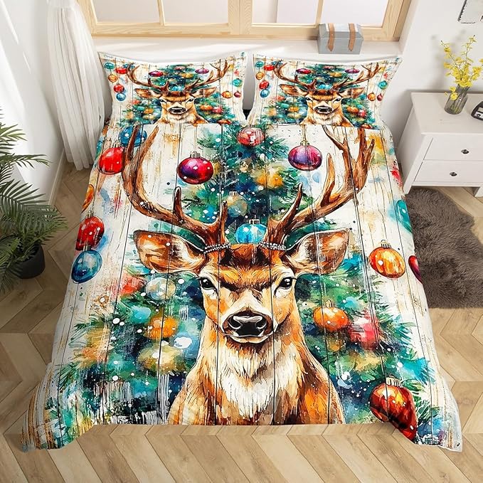 Cabin Deer Duvet Cover Set Twin Size,Tie-dye Christmas Tree Wooden Plank Rustic Bedding Set,Boys Girls Room Decor,Wild Animal Farmhouse Comforter Cover,Brown Quilt Cover,1 Pillowcase,No Comforter