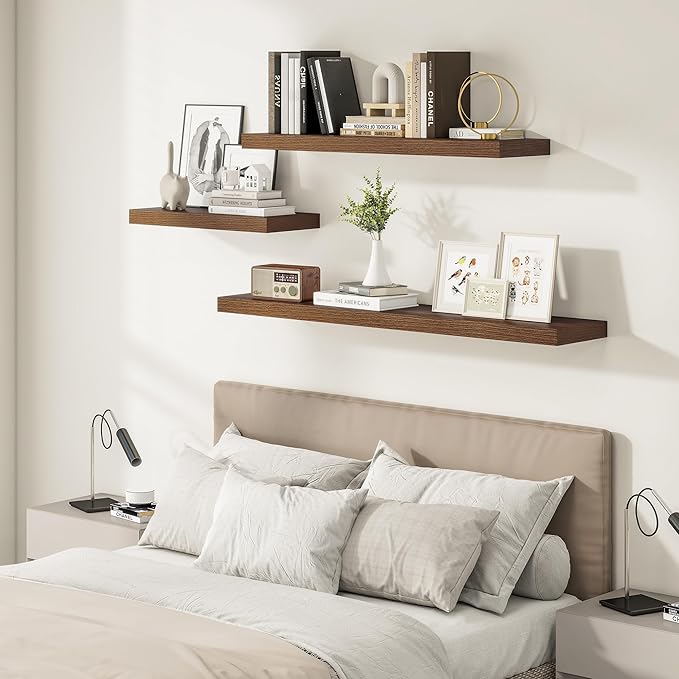 Vivelove Wide Floating Shelves for Wall 12 Inch Deep, 48" X 12" X 2" Floating Shelf, 2 Inch Thick Shelf for Living Room Bathroom Bedroom Kitchen Book Room, Rustic Farmhouse Decor Set of 2, Walnut
