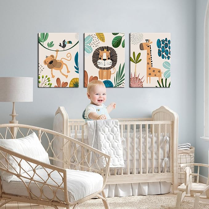 AKWISH Safari Jungle Nursery Wall Decor Set of 3 - Framed Animal Canvas Wall Art for Baby Room, Toddler Boy or Girl Bedroom, Cute Safari Themed Baby Nursery Decor 12x16in