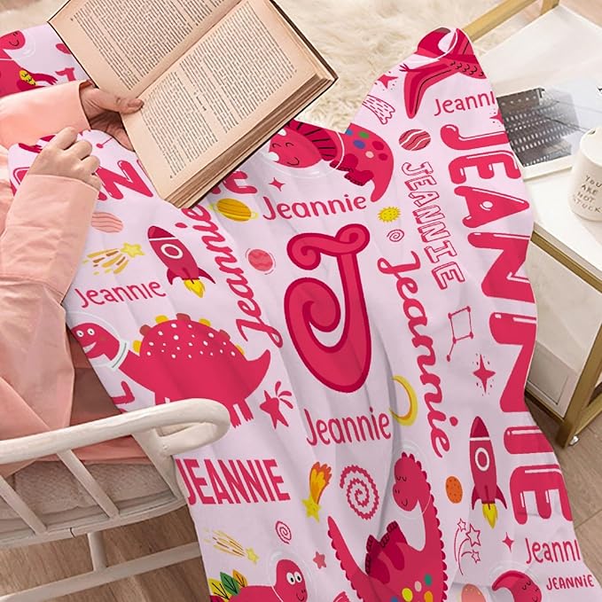 Dinosaur Lover Astronaut Personalized Blanket with Name Custom Pink Dinosaur with Name Flannel Blanket Soft Throw Meaningful Gift for Toddlers Girls Boys Kids Pets 120 * 90" XL for Family