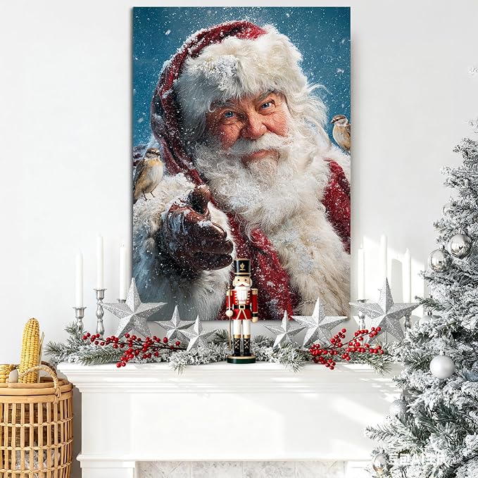 YONICA Christmas Canvas Wall Art Snowy Santa 12x18 Inch Winter Scene with Birds and Snowfall - Large Framed Gallery Wrapped Nature Theme