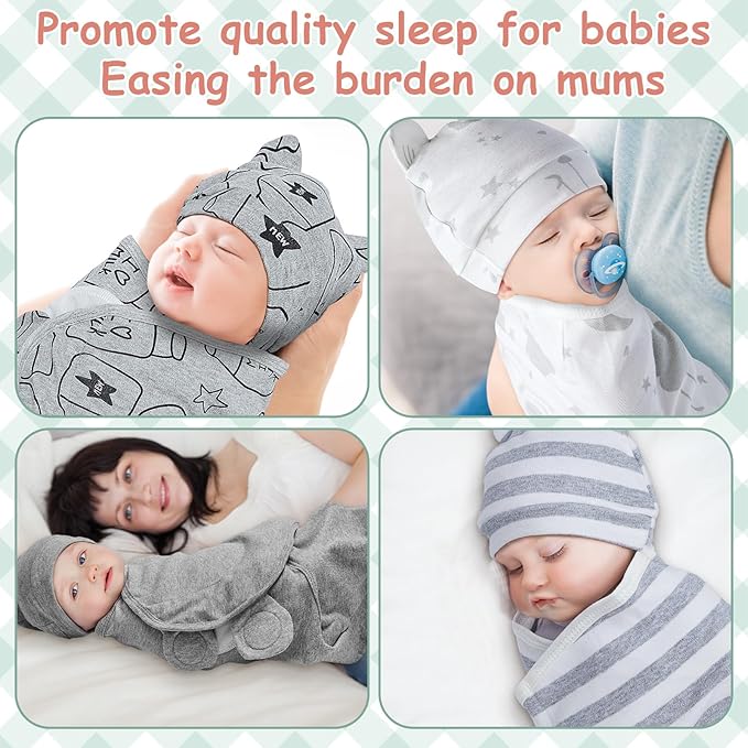 Ramede 6 Pack Preemie Swaddle Blanket with Hats Sleep Swaddle for Baby Boy Girl Preemie Newborn Sacks Soft Cotton Wearable(Star,Grey)