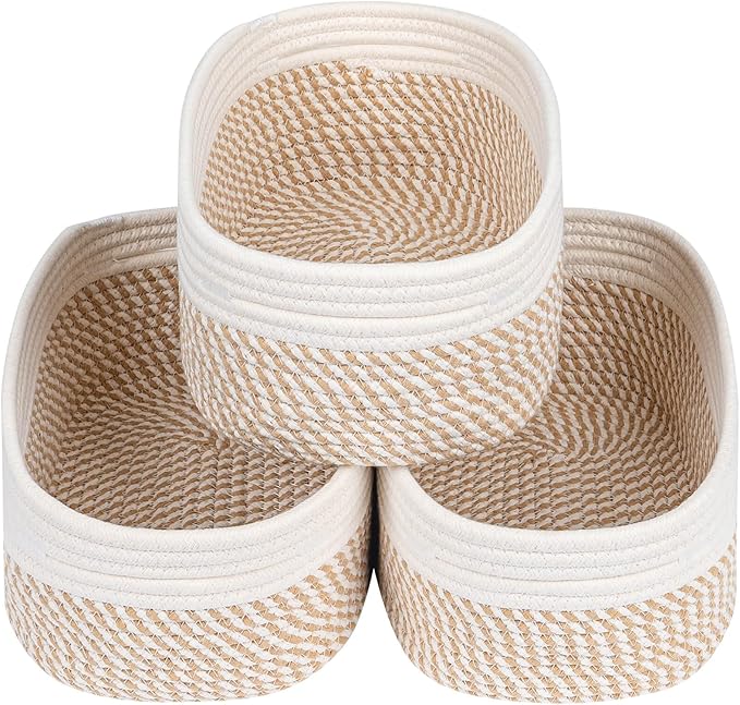 CubesLand Small Storage Baskets for Shelves, Closet Organization Storage Bins Empty Gift Basket 3 Packs Baby Nursery Woven Baskets for Organizing, Rectangular Clothes Closet Shelves Baskets