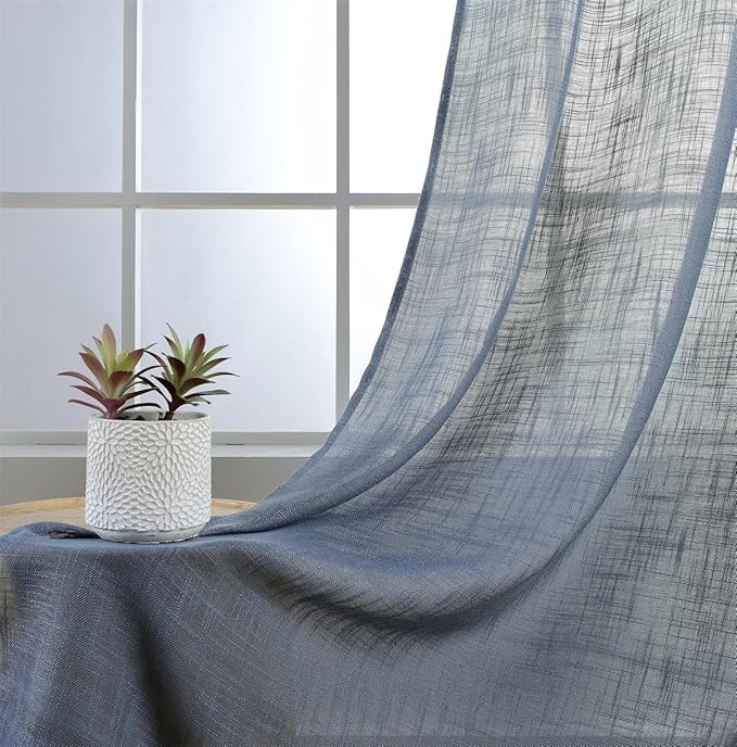 MIUCO Semi Sheer Curtains Poly Linen Textured Solid Grommet Curtains 84 Inches Long for Living Room 2 Panels (2 x 37 Wide x 84" Long) Dusty Blue