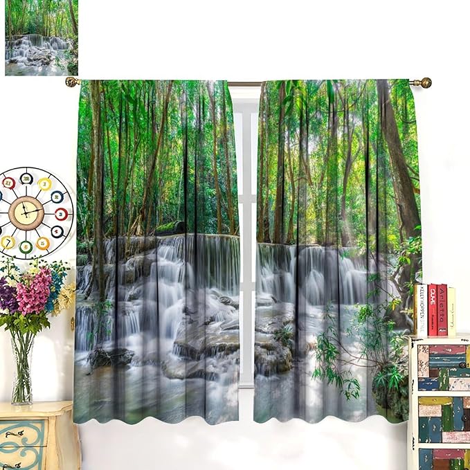 Forest Waterfall Blackout Curtains, Scene Nature Theme Mountain Stream Scenery Print Window Drapes, for Bedroom Living Room 63" W X 72" L