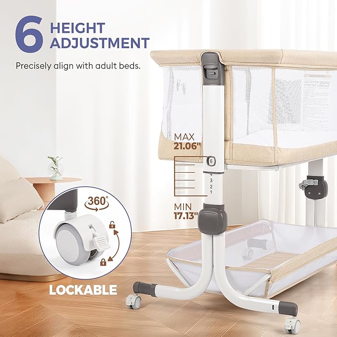 Baby Bassinet Bedside Sleeper, Upgraded Stability Bedside Crib with Full Mesh Sides, Soft Sheet, 6-Height Adjustment, Storage Basket, Easy Folding Portable Bassinet for Newborns, Beige