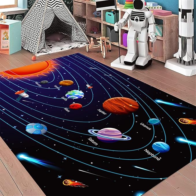 Cartoon Space Solar System Planet Area Rug,6x8ft,Outer Space Themed Rugs, Non-Slip Washable, Easy Care Rug, Suitable for Kids Playroom, Boys and Girls Room Decor