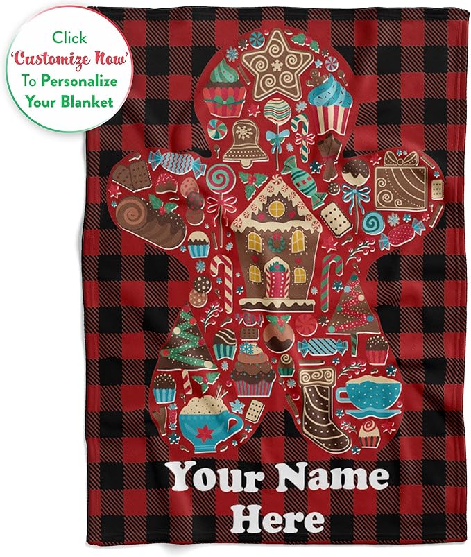 Personalized Gingerbread Man Blanket - Ships Next Day, Printed in USA - Fleece or Sherpa Sofa Throw, Soft Christmas Bedding, Holiday Home Decor, Customizable Family Throws (Sherpa 50x60)