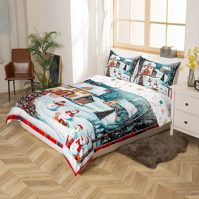 Manfei Christmas Duvet Cover Set Full Size, Cute Snowman Xmas Tree Bedding Set for Kids Boy Girls Room Decor, New Year Theme Comforter Cover, Lightweight Bedspread Cover, 2 Pillowcases, No Comforter