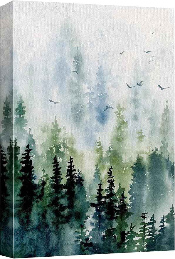 SIGNWIN Canvas Print Wall Art Woodland Nursery Decor Watercolor Pastel Pine Tree Bird Sky Nature Illustrations Modern Art Decorative Landscape Colorful for Living Room, Bedroom, Office - 16"x24"