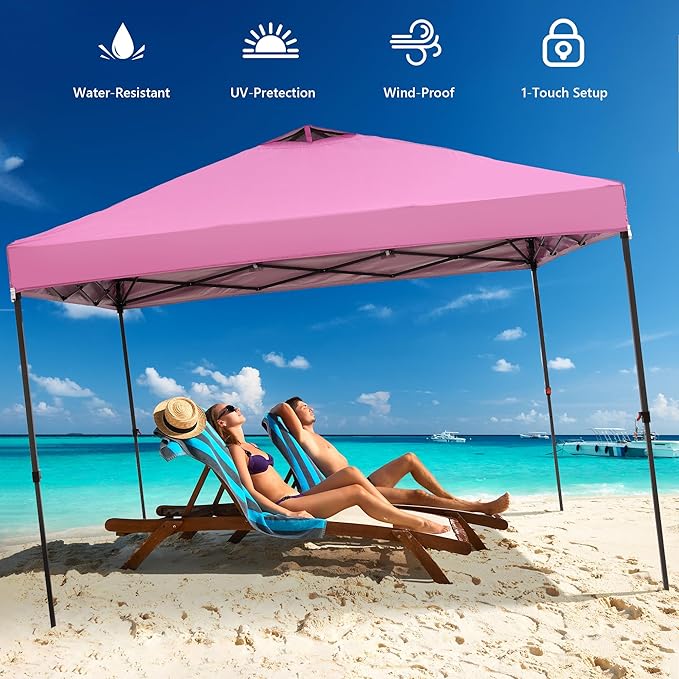 GDY 10x10 Pop Up Canopy Tent with 4 Sidewalls, Easy Set up with One Push Lift Outdoor Silver Coated Beach Gazebos, Carpas with 4 Sandbags, for Pool, Events, Parties, and Camping, Pink.