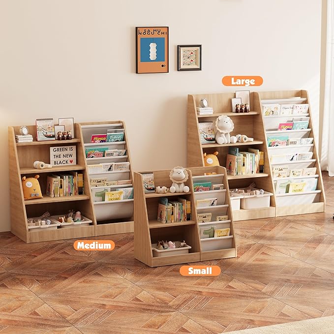 NACHES 4 Tier Kid Bookshelf Wooden 5 Sling Children Bookcase Toddler Montessori Bookcase Book Rack Display Toy Storage Organizer Adjustable Book Display Shelf Stand Classroom Bedroom Nursery Playroom