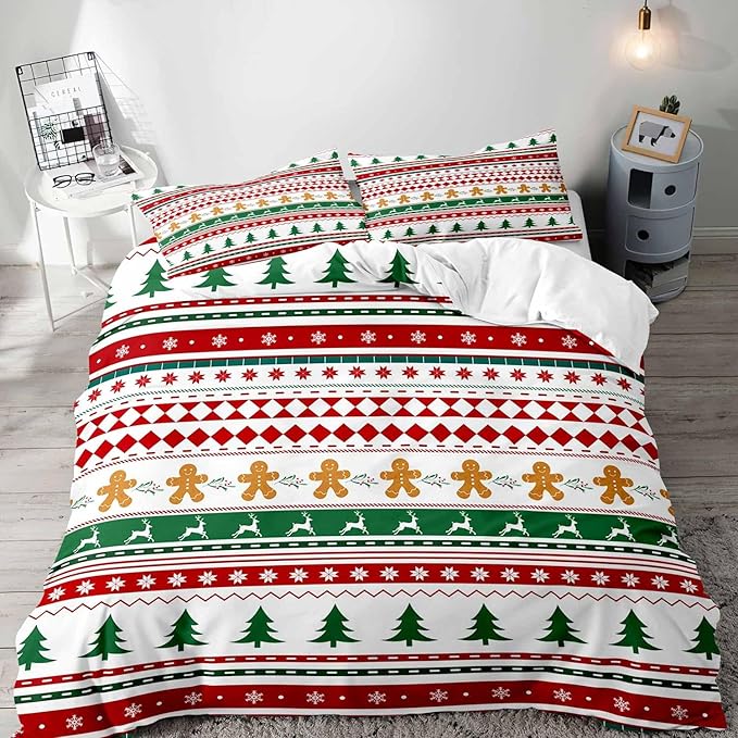 LUVIVIHOME 3PCS Christmas Duvet Cover Full Bedding Set, Gingerbread Man Christmas Tree Snowflake Poinsettia Reindeer Winter Holiday Xmas Gifts Red Green White Striped Comforter Cover, 2 Pillow Shams