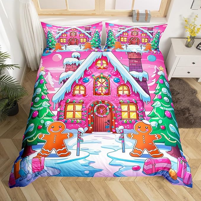 Feelyou Merry Christmas Comforter Cover Set Gingerbread Man Bedding Set Full Size for Kids Boys Girls Bedroom Bed Decor Christmas Duvet Cover Set Soft Quilt Cover,No Comforter