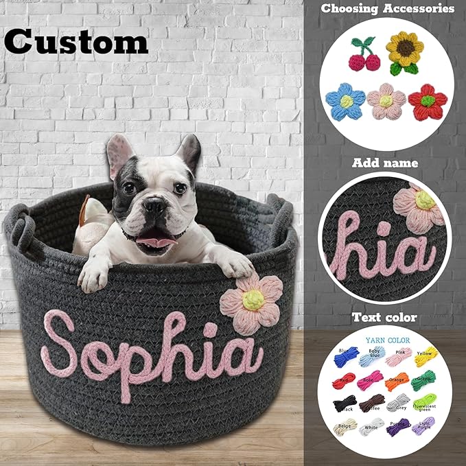 Personalized Dog Toy Basket Custom Cat Toy Box Rope Woven Basket with Pet's Name Dog Storage Organizer with Handles Cute Toy Bin for Cat White