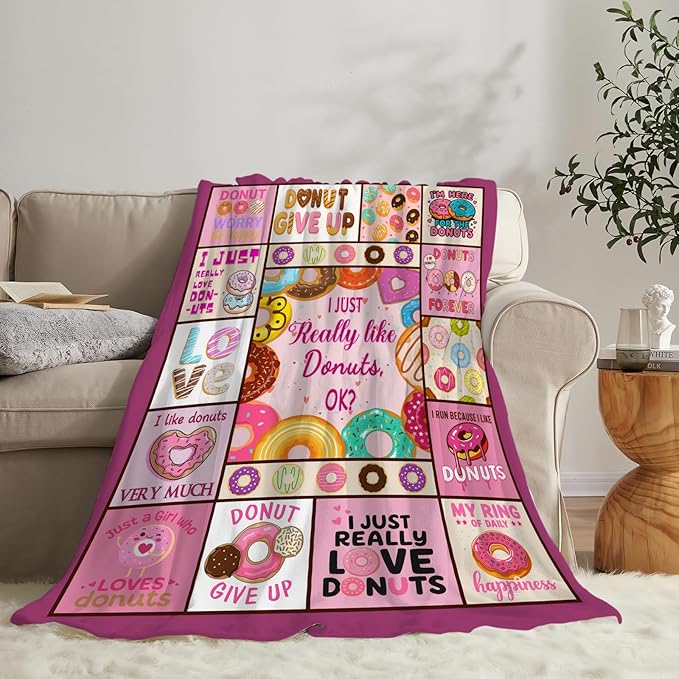 Pink Donut Fleece Blanket Dessert Throw Blankets for Girls Boys Super Soft Warm Flannel Cute Food Throws Gifts for Men Women Cozy Fuzzy Plush Stuffed Couch Bed Bedding Decor 60"x50"