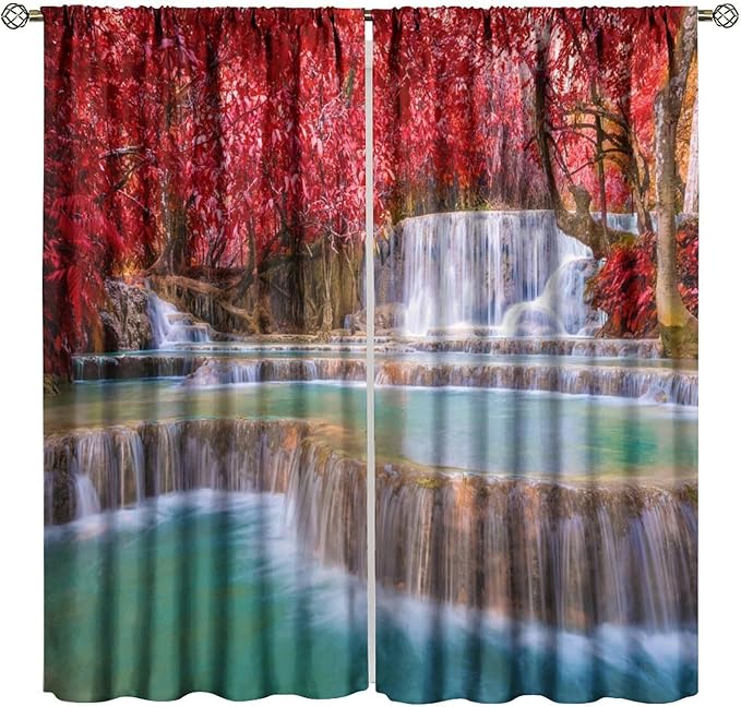 Natural Landscape Waterfall Blackout Curtains, Scenic View Waterfall Forest Autumn Window Drapes, for Bedroom Living Room 63" W X 63" L