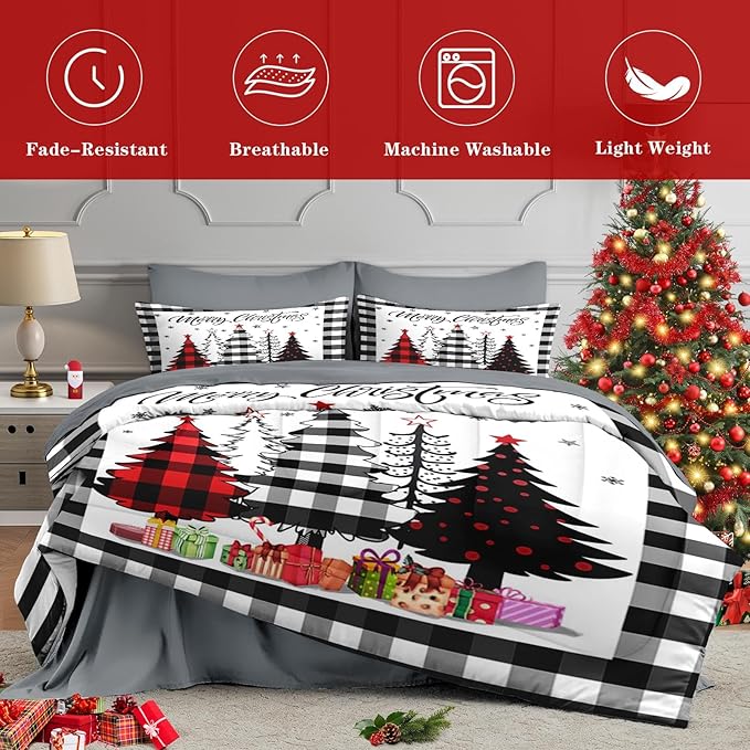 7 Pcs King Size Christmas Comforter Set with 2 Pillowcases & 2 Shams, Buffalo Check Plaid Tree Bedding for Kids and Adults, Winter Snowflake Bed in a Bag with Flat Fitted Sheet