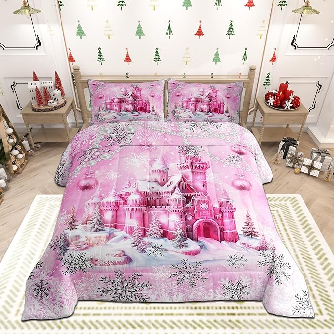 Pink Castle Comforter Set Twin Size,Cartoon Fairy Tale Theme Watercolor Bedding Set for Kids Boys Men,Christmas Winter Silver Snowflakes Quilted Duvet Set with 1 Pillowcase