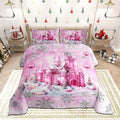 Pink Castle Full Size Comforter Set,Cartoon Fairy Tale Theme Watercolor Bedding Comforters Bedroom Collection,Christmas Winter Silver Snowflakes Bedding Set for Girls Teens