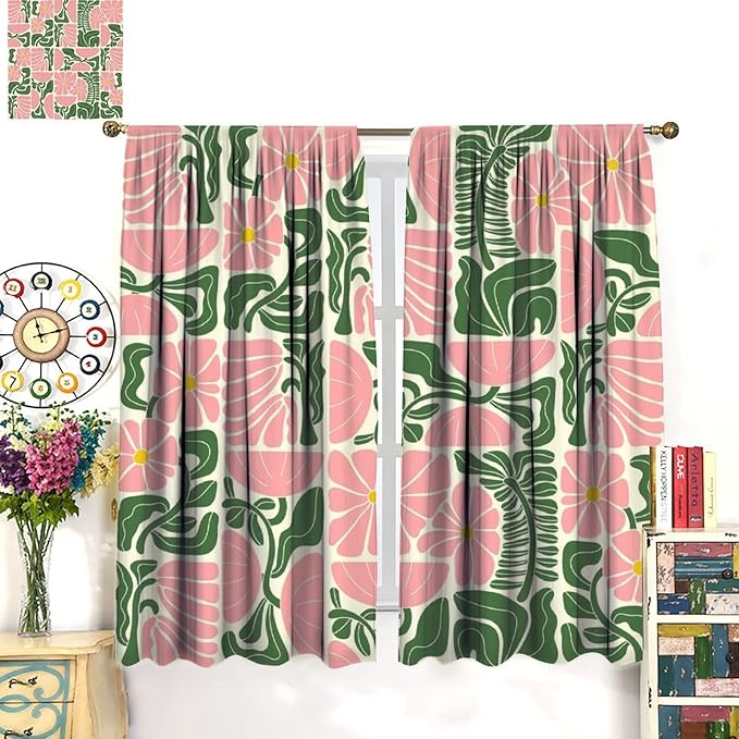70s Flowers Curtains,Retro Geometric Boho Vintage Botanical Green Pink Flower Curtain for Bedroom Living Room Bathroom Window Curtains,70s Mid Century Flowers Window Treatments 52" W X 84" L