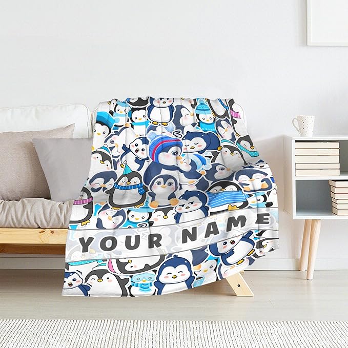 Custom Penguin Gifts for Adult - 60" x 80" Inches Cute Penguin Blanket for Girls - Blue Lightweight Furry Throws for Sofa, Bed & Living Room