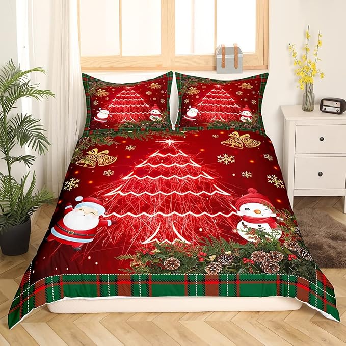 Feelyou Christmas Bedding Set Kids Cartoon Santa Claus Comforter Cover Set for Boys Girls Christmas Tree Xmas Theme Duvet Cover Breathable Snowman Bedspread Cover Room Decor Quilt Cover Queen Size