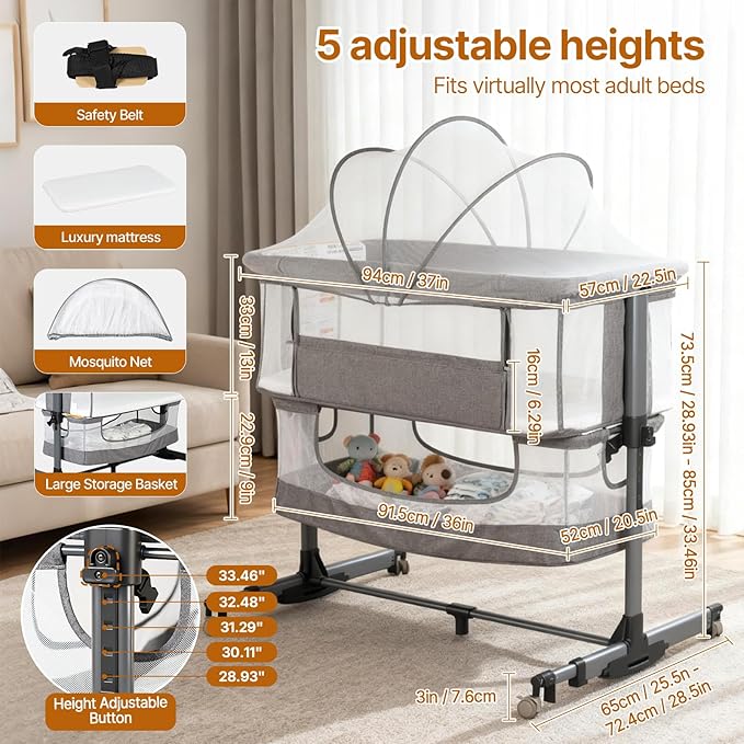 Baby Bassinet Bedside Sleeper, 3-in-1 Bedside Bassinet, 5 Height Adjustable Rocking Baby Crib, Breathable Full Mesh, Mosquito Net, Storage Basket, Stable and Secure Bassinets for Newborn Infant