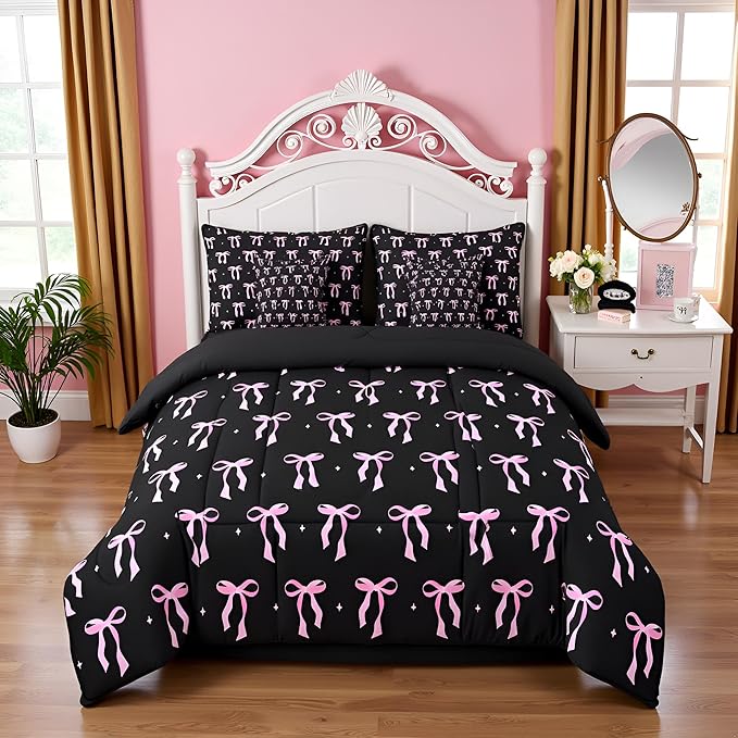 7 Pieces Pink Bowknot Kids Comforter Full,Stars Watercolor Bow Tie Patchwork Bedding Set,Butterfly Knot Princess Black Noble Chic（Comforter+Fitted+Flat Sheet+2 Pillowcases+2 Throw Pillow Covers）