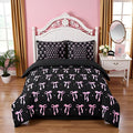 7 Pieces Pink Bowknot Kids Comforter Full,Stars Watercolor Bow Tie Patchwork Bedding Set,Butterfly Knot Princess Black Noble Chic（Comforter+Fitted+Flat Sheet+2 Pillowcases+2 Throw Pillow Covers）