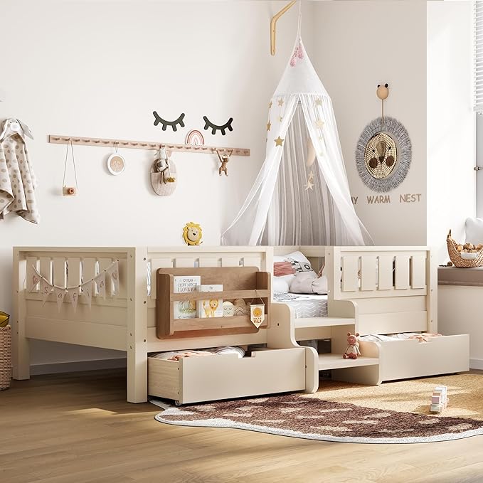 Bellemave Full Size Bed with Slats and Stairs, Full Size Platform Bed Frame with Fence, Bookshelf and Storage Drawers, Easy Assemble Beds for Kids, Girls, Boys, Beige