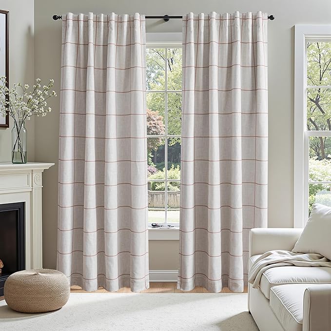 MYSKY HOME 100% Blackout Plaid Farmhouse Linen Curtains 84 Inch Long for Living Room Double Layer Checkered Drapes Thermal Insulated Privacy Protection Rod Pocket Back Tab, 1 Panel, 52" W, Tan