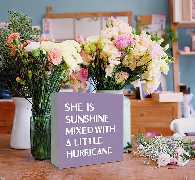 SRADMO She Is Sunshine Mixed with a Little Hurricane Boho Purple Wood Box Sign Desk Decor, Baby Girls Inspirational Wooden Box Decor for Girls Room Nursery Shelf Table Decoration, 8x8 Inches
