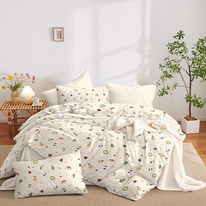Christmas Duvet Cover Queen Size Gingham Red Bow Christmas Tree Bedding Set 3 Pcs Kids Boys Girls Plaid Heart Xmas Holiday Reversible Comforter Cover with Zipper Closure