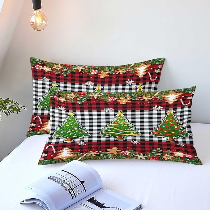 Christmas Duvet Cover Queen Size Black White Gingham Bedding Set 3 Pcs Kids Boys Girls Red Plaid Grid Christmas Tree Gingerbread Man Comforter Cover with Zipper Closure (No Comforter)