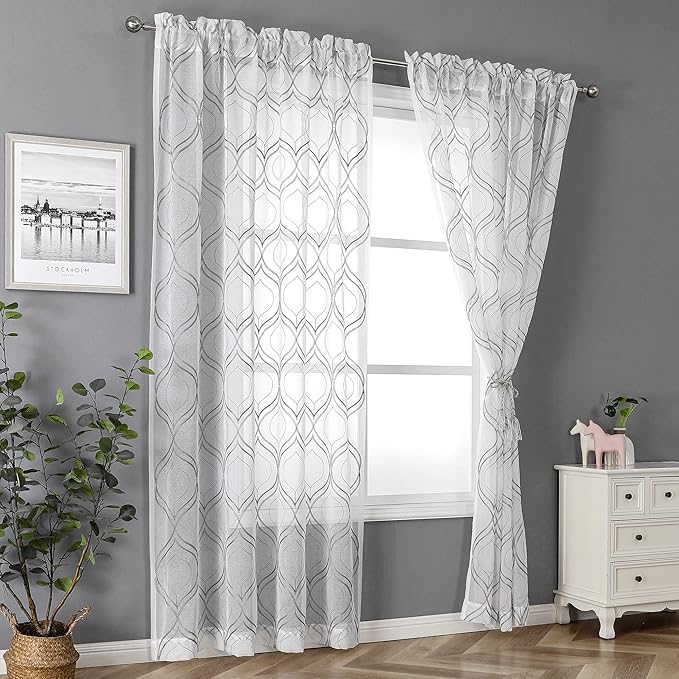VISIONTEX White Sheer Curtains 72 Inches Long 2 Panels Set Grey Moroccan Embroidered Curtains Trellis French Textured Rod Pocket Voile Tulle Semi Window Drapes for Bedroom Living Room 54 x 72 Inches