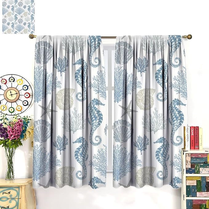Seahorse Coral Curtains,Starfish Seashell Beach Sea Starfish Seashell Theme Pattern Blackout Print Home Bedroom Living Room Window Treatmen 2 Panel Set 63x63 Inch