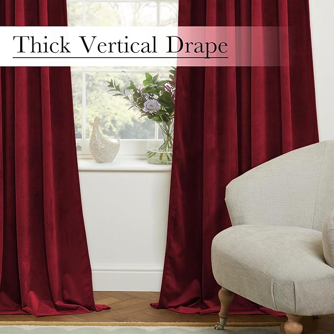 StangH Red Velvet Curtains for Living Room 120 inches Long, Christmas Decor Back Tab Thermal Insulated Room Darkening Privacy Protect Drapes for Bedroom Home Theater, W52 x L120, 2 Panels